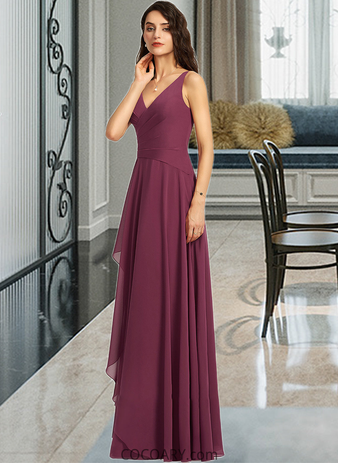 Audrina A-Line V-neck Floor-Length Bridesmaid Dress With Split Front DA8P0013085