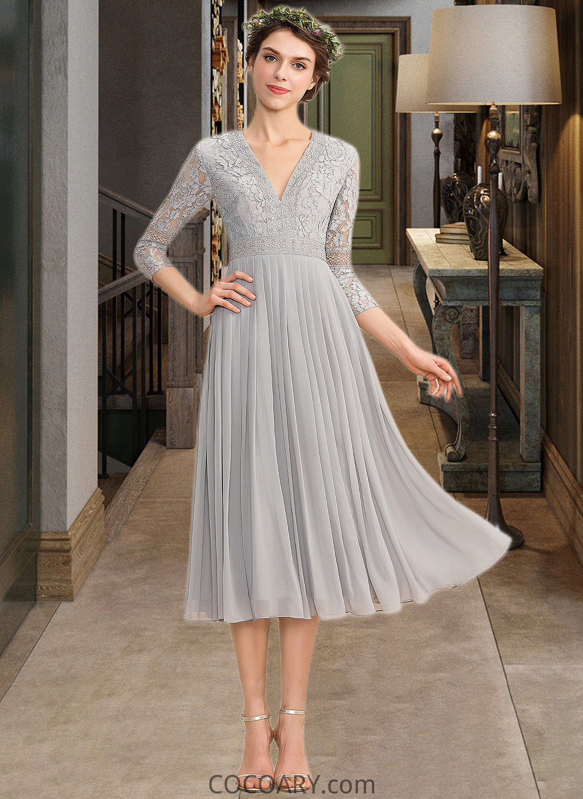 Dahlia A-Line V-neck Tea-Length Chiffon Lace Bridesmaid Dress With Pleated DA8P0013088