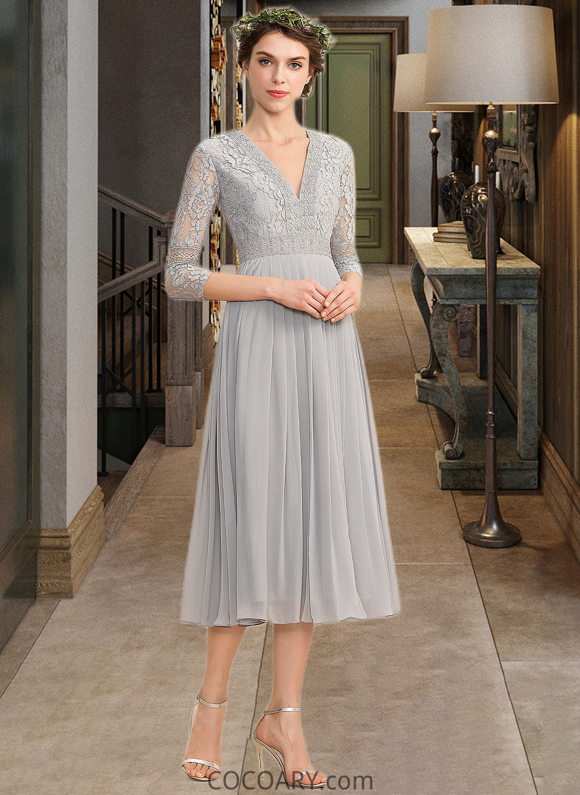 Dahlia A-Line V-neck Tea-Length Chiffon Lace Bridesmaid Dress With Pleated DA8P0013088