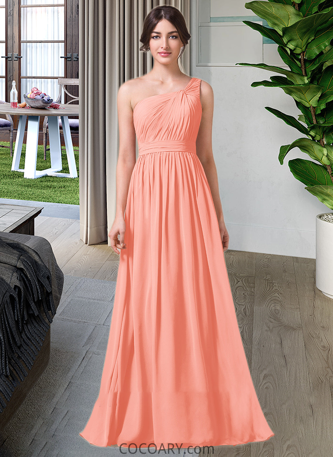 Selah A-Line One-Shoulder Floor-length Chiffon Bridesmaid Dress DA8P0013092