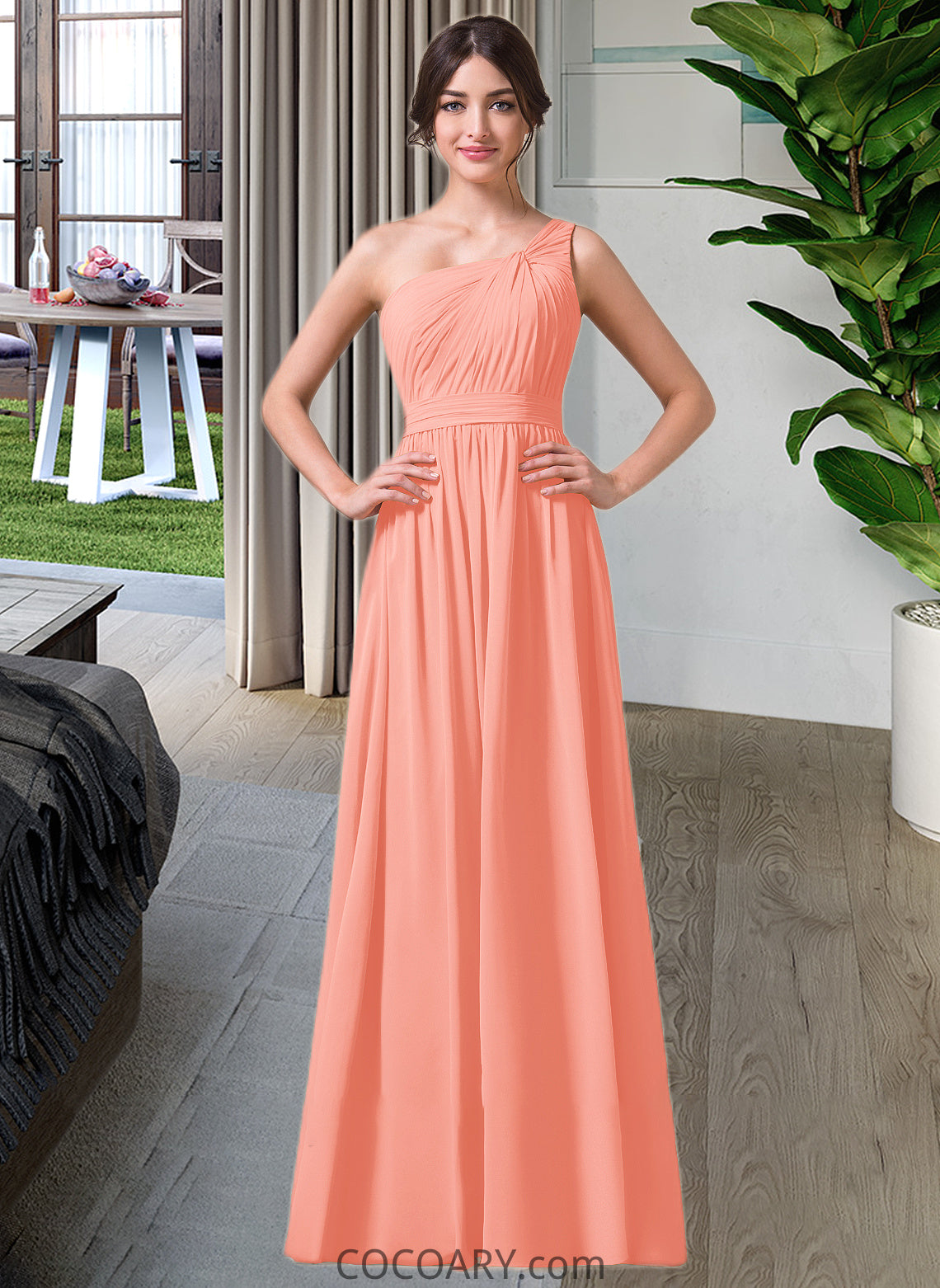 Selah A-Line One-Shoulder Floor-length Chiffon Bridesmaid Dress DA8P0013092