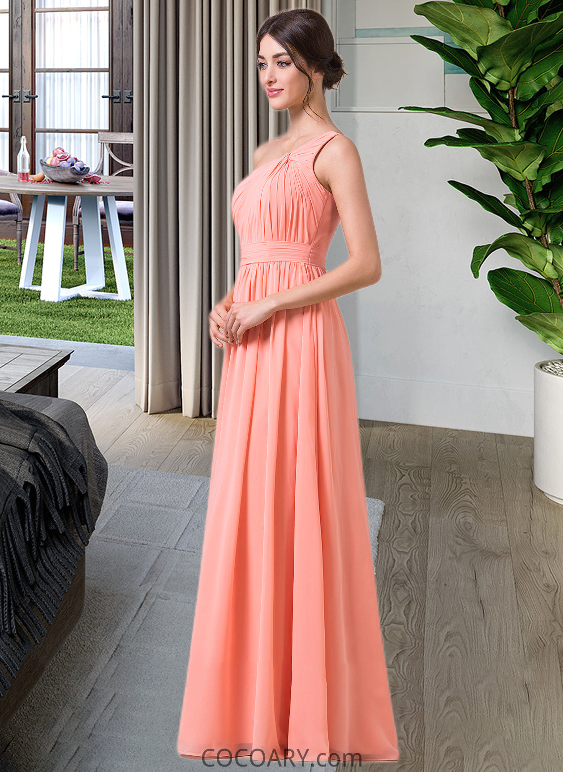 Selah A-Line One-Shoulder Floor-length Chiffon Bridesmaid Dress DA8P0013092