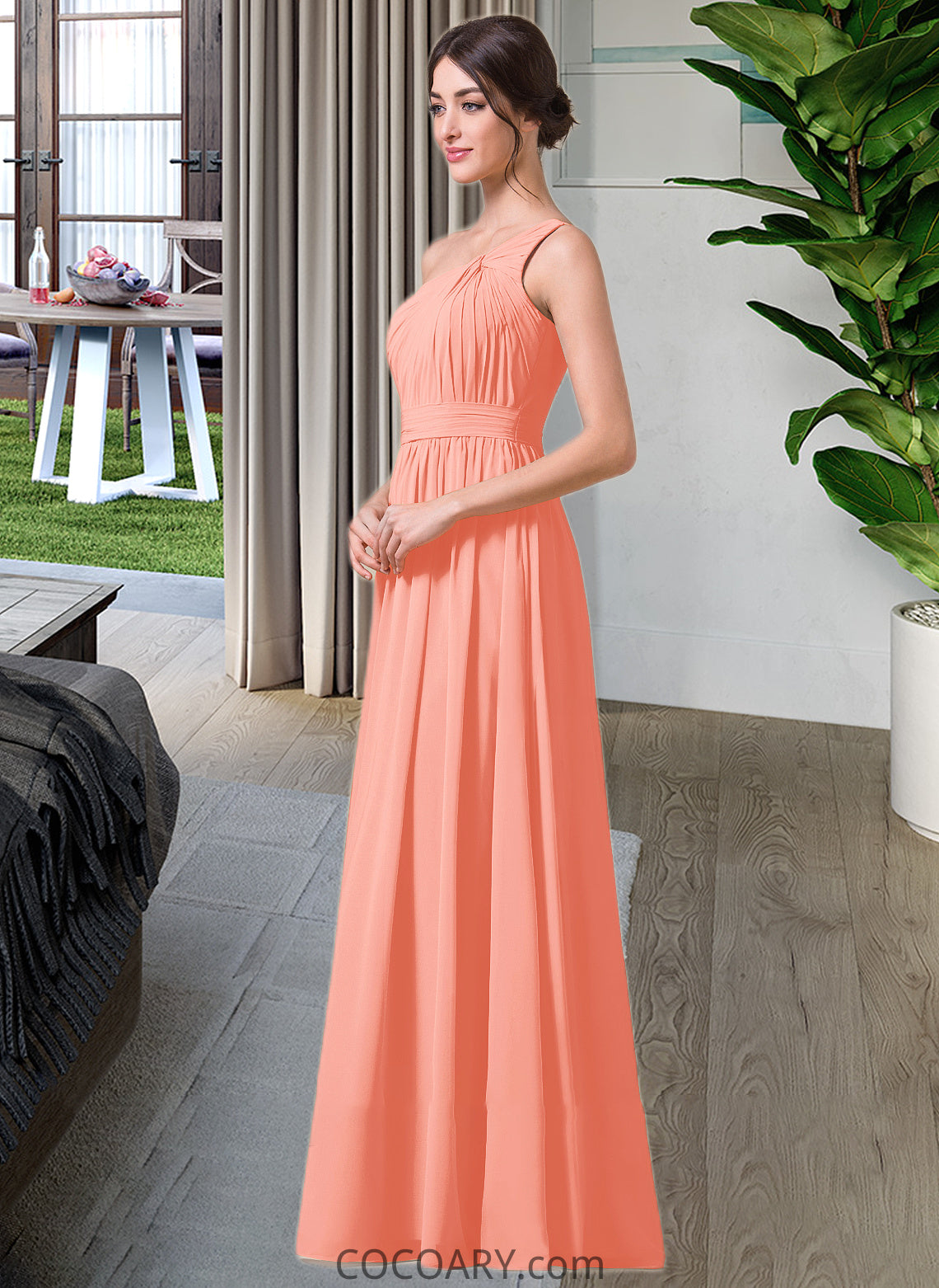 Selah A-Line One-Shoulder Floor-length Chiffon Bridesmaid Dress DA8P0013092