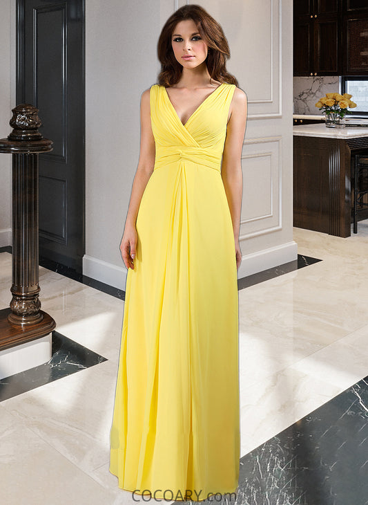 Lailah A-Line V-neck Wrapped Bodice Floor-length Chiffon Bridesmaid Dress DA8P0013093