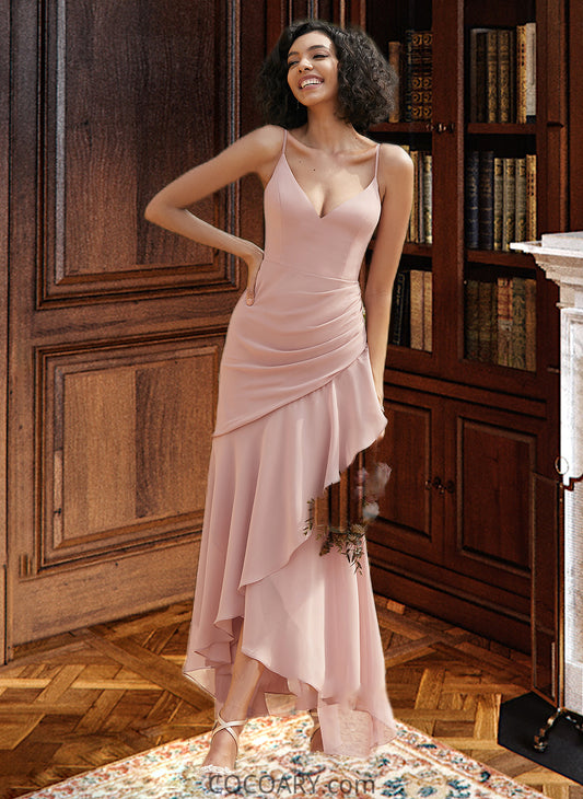 India Trumpet/Mermaid V-neck Asymmetrical Bridesmaid Dress With Ruffle DA8P0013094