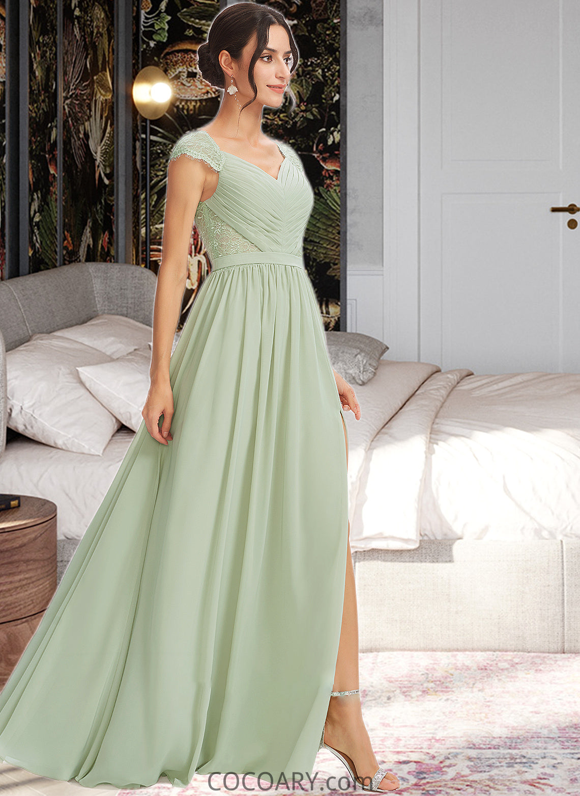 Selah A-Line V-neck Floor-Length Bridesmaid Dress With Lace Split Front DA8P0013096