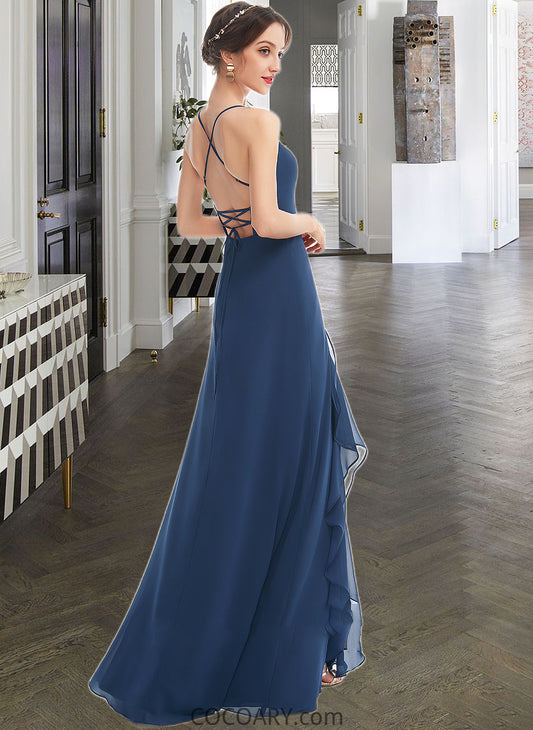 Reese A-Line V-neck Floor-Length Bridesmaid Dress With Ruffle Split Front DA8P0013097