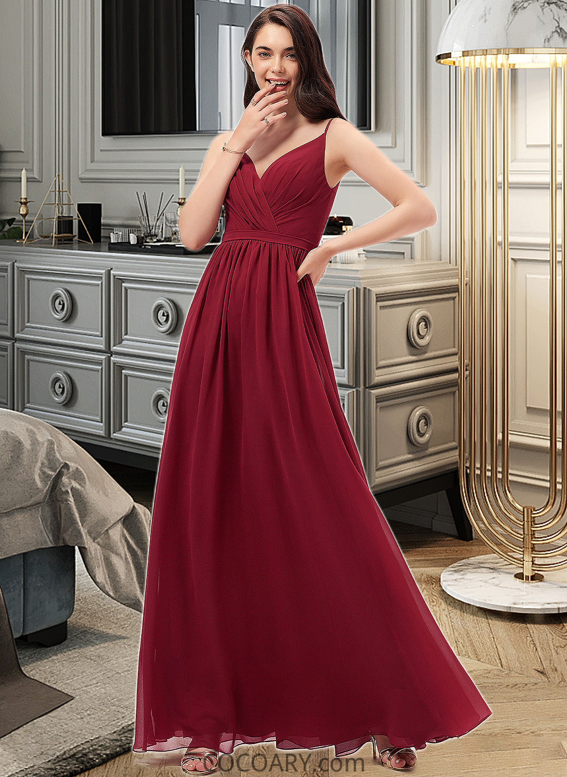 Jaylynn A-Line V-neck Floor-Length Chiffon Bridesmaid Dress With Ruffle Lace DA8P0013098