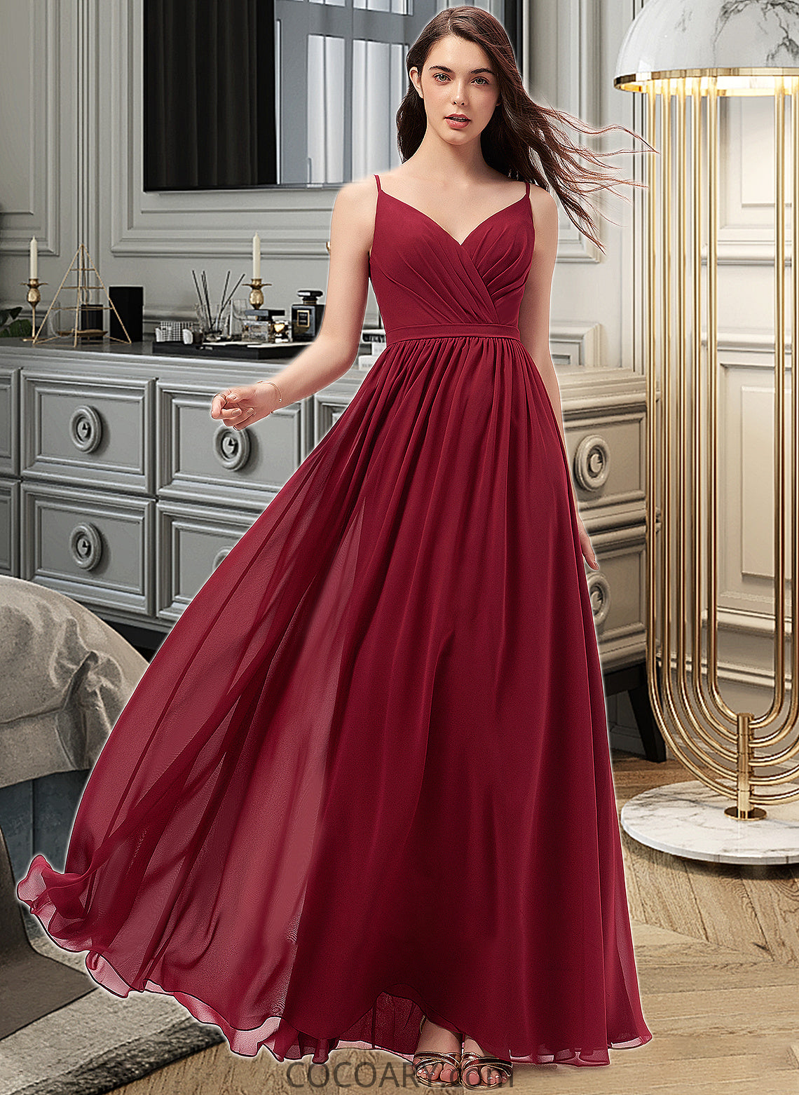 Jaylynn A-Line V-neck Floor-Length Chiffon Bridesmaid Dress With Ruffle Lace DA8P0013098