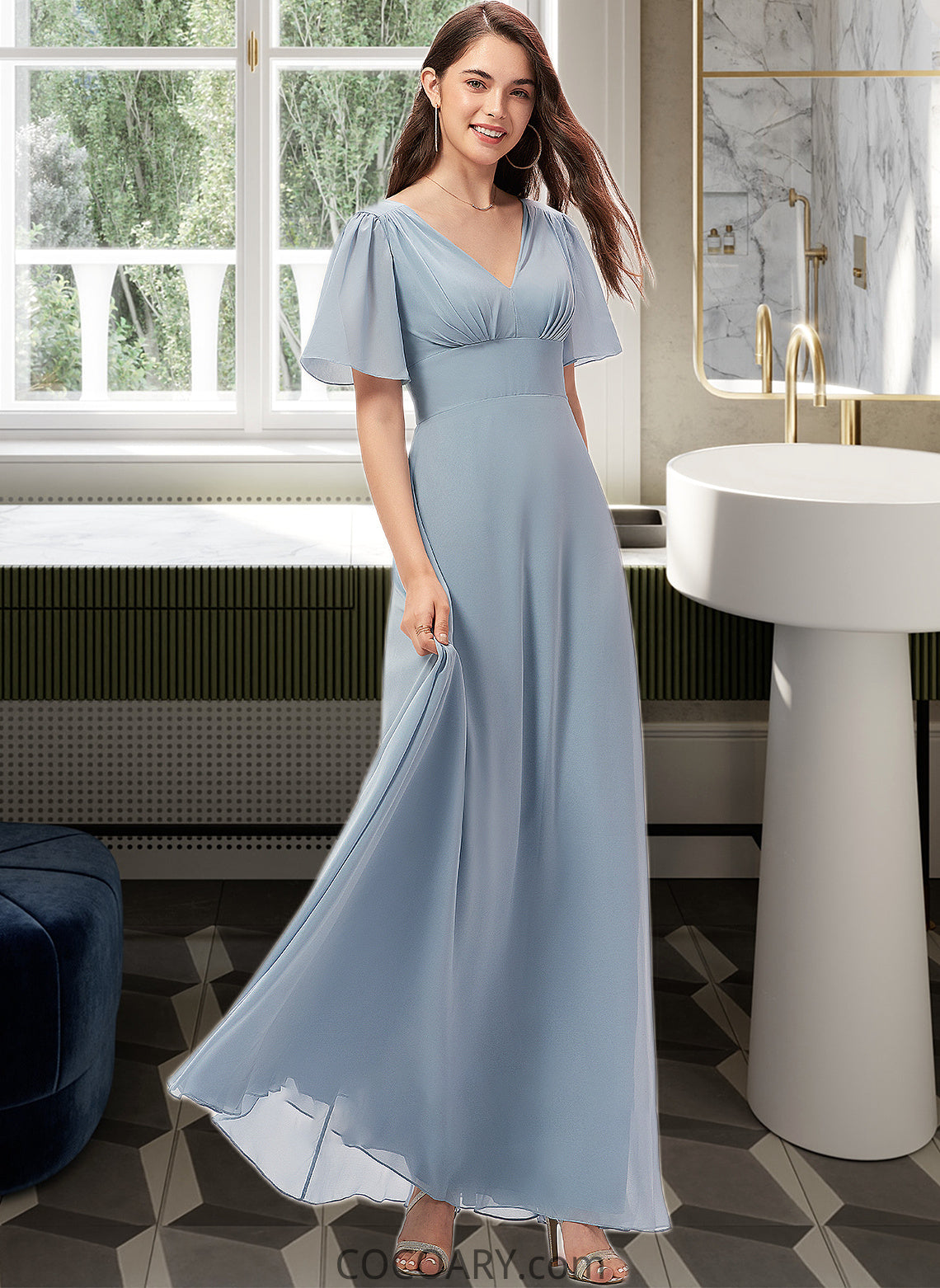 Jaliyah A-Line V-neck Floor-Length Chiffon Bridesmaid Dress DA8P0013099