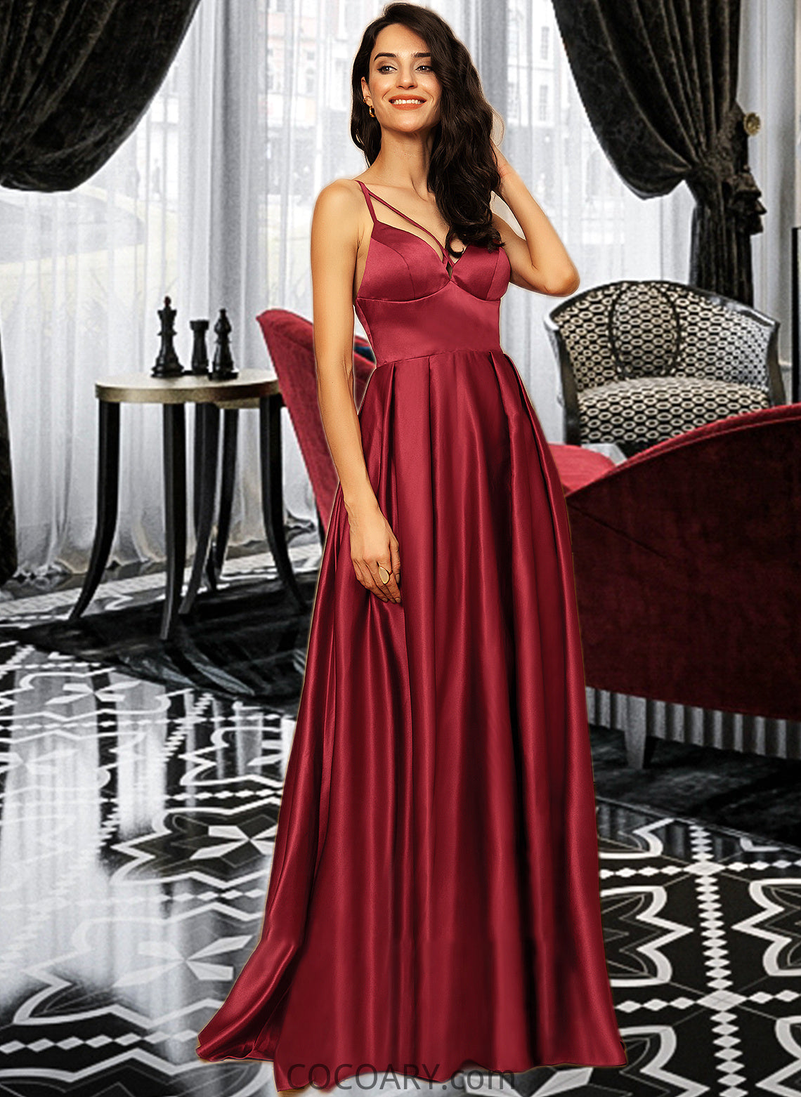 Kailey A-Line V-neck Floor-Length Satin Bridesmaid Dress With Split Front Pockets DA8P0013100