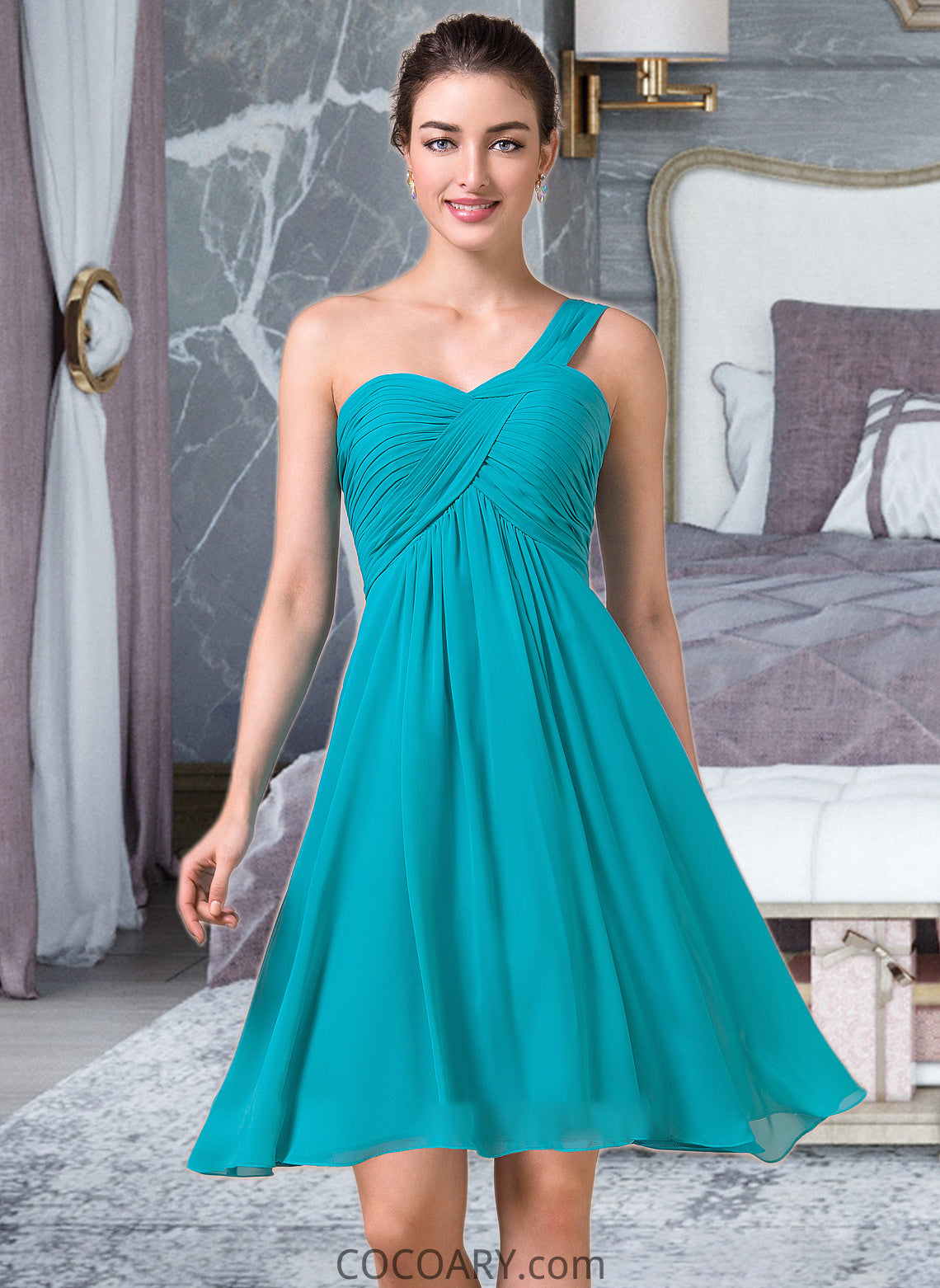 Giana Empire One-Shoulder Knee-Length Chiffon Bridesmaid Dress With Ruffle DA8P0013106