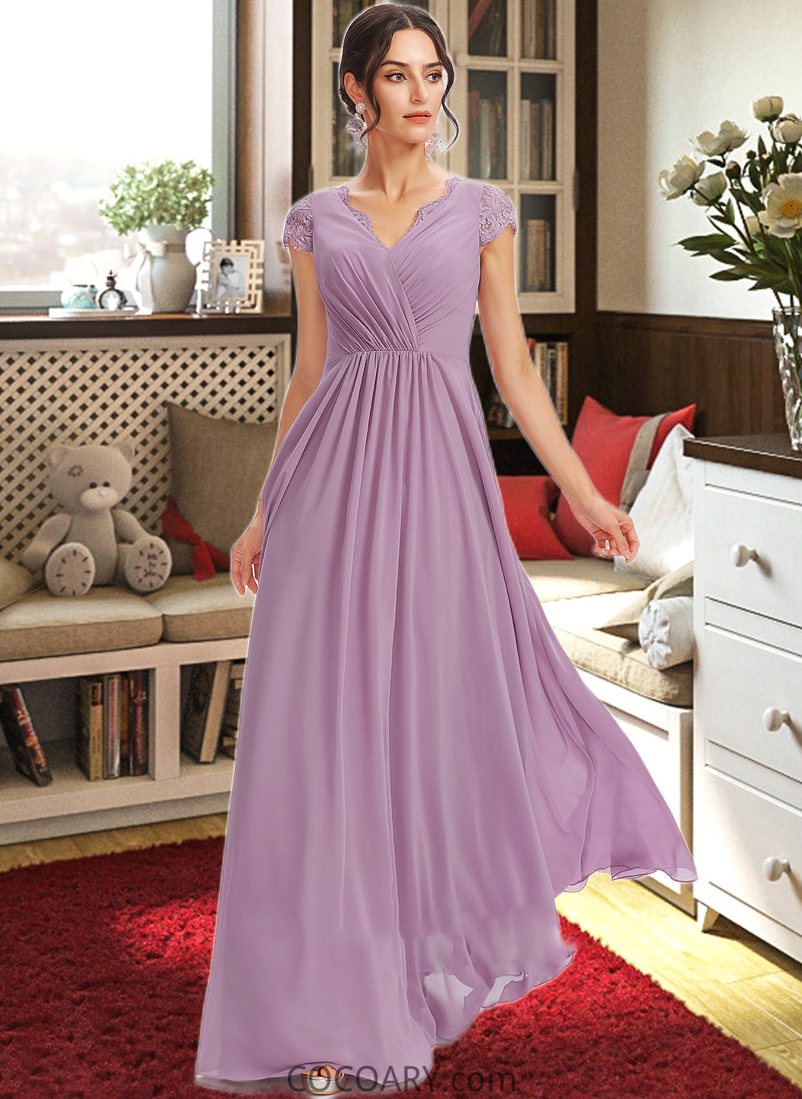 Katie A-Line V-neck Floor-Length Bridesmaid Dress With Lace DA8P0013111