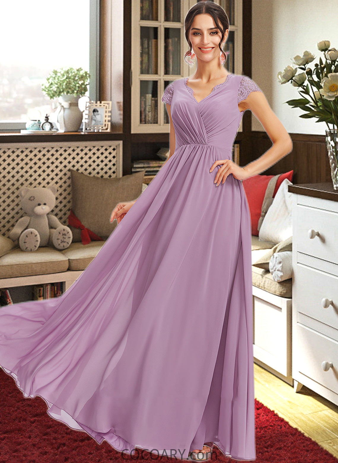 Katie A-Line V-neck Floor-Length Bridesmaid Dress With Lace DA8P0013111