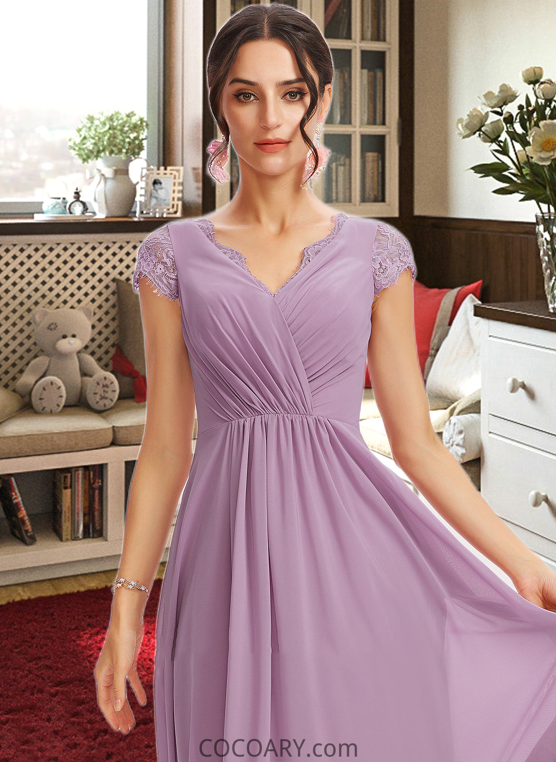 Katie A-Line V-neck Floor-Length Bridesmaid Dress With Lace DA8P0013111