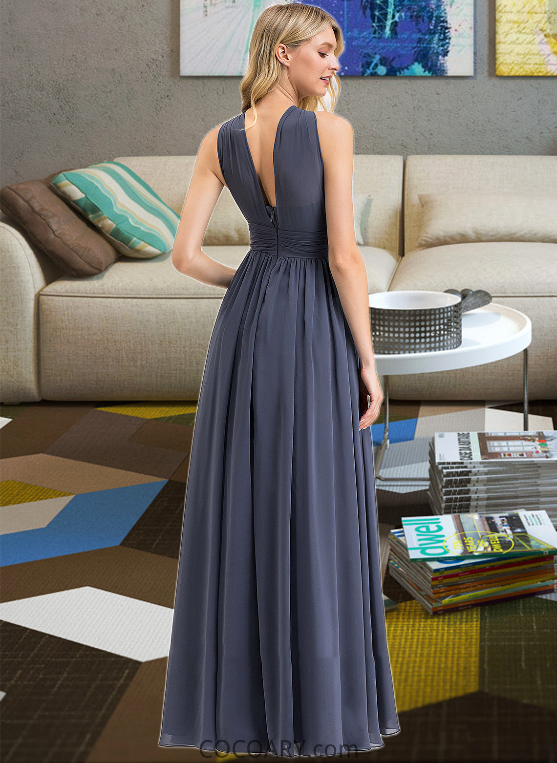 Ana A-Line V-neck Floor-Length Chiffon Bridesmaid Dress With Ruffle Split Front DA8P0013112