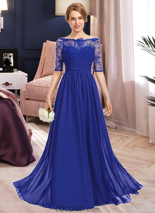 Aylin A-line Off the Shoulder Floor-Length Chiffon Lace Bridesmaid Dress With Ruffle DA8P0013113