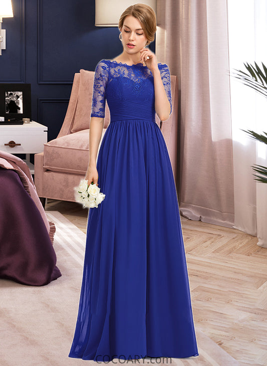 Aylin A-line Off the Shoulder Floor-Length Chiffon Lace Bridesmaid Dress With Ruffle DA8P0013113