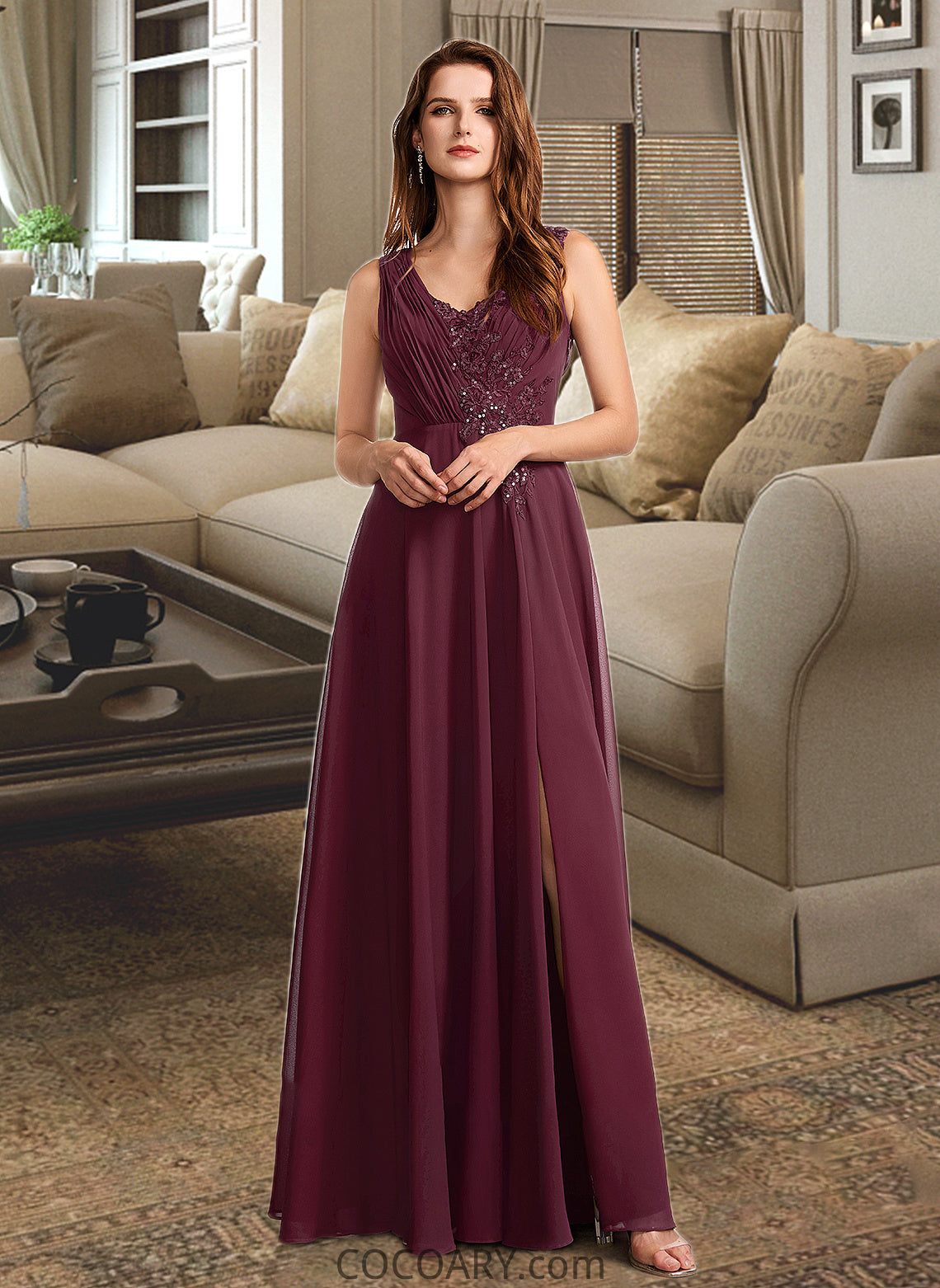 Ariel A-Line V-neck Floor-Length Bridesmaid Dress With Lace DA8P0013117