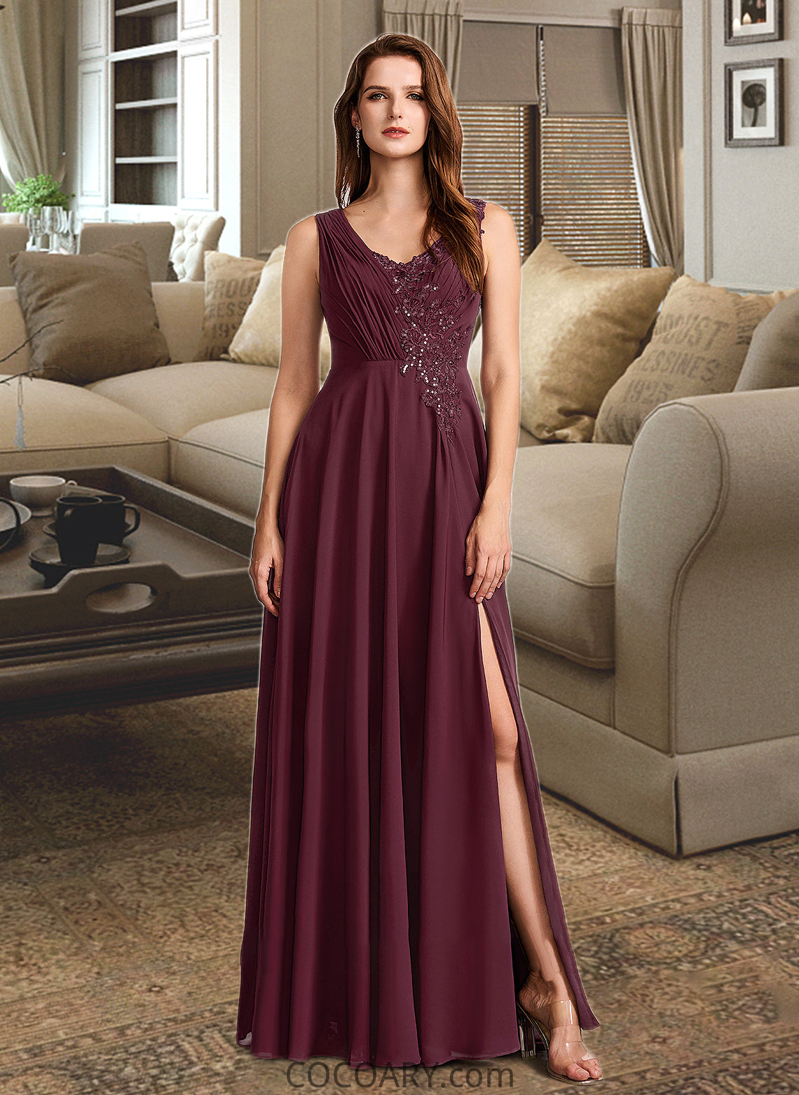 Ariel A-Line V-neck Floor-Length Bridesmaid Dress With Lace DA8P0013117