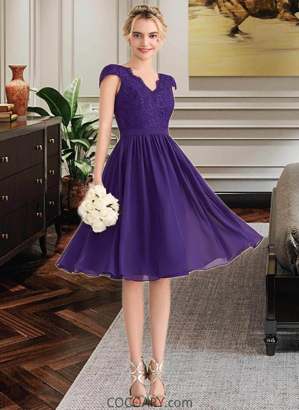 Sophie A-Line V-neck Knee-Length Chiffon Lace Bridesmaid Dress DA8P0013122