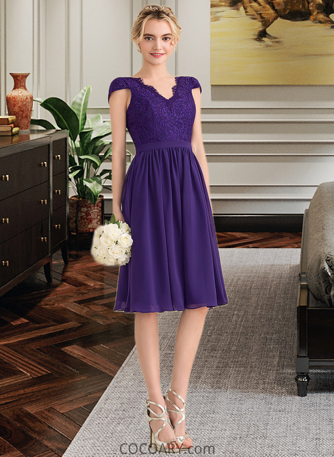 Sophie A-Line V-neck Knee-Length Chiffon Lace Bridesmaid Dress DA8P0013122