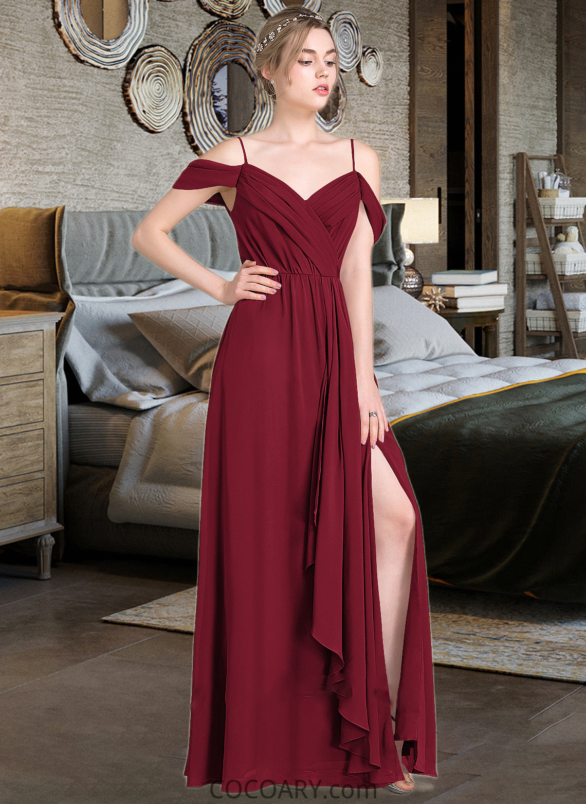 Miracle A-Line V-neck Floor-Length Chiffon Bridesmaid Dress With Bow(s) Split Front Cascading Ruffles DA8P0013123