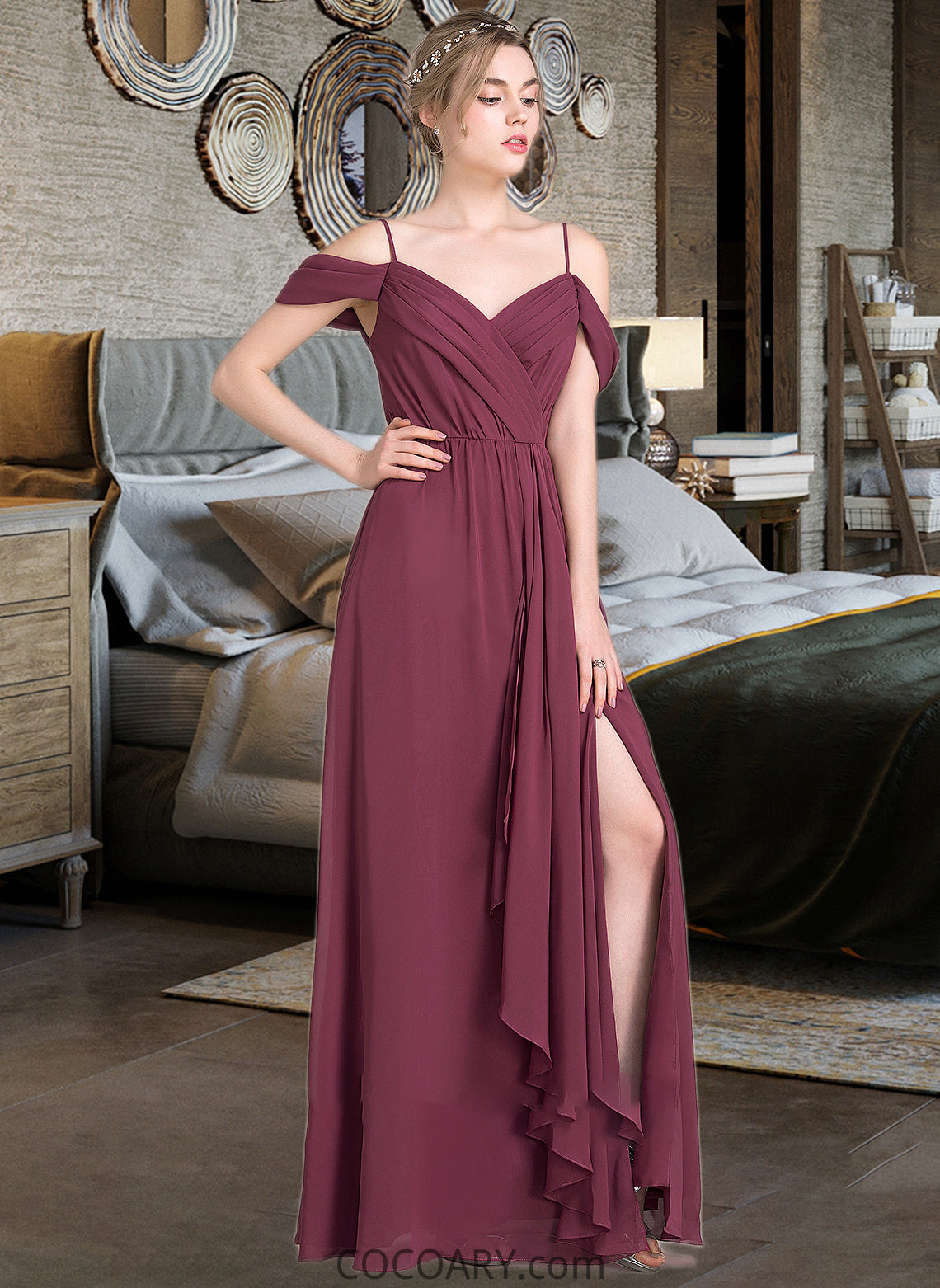 Miracle A-Line V-neck Floor-Length Chiffon Bridesmaid Dress With Bow(s) Split Front Cascading Ruffles DA8P0013123