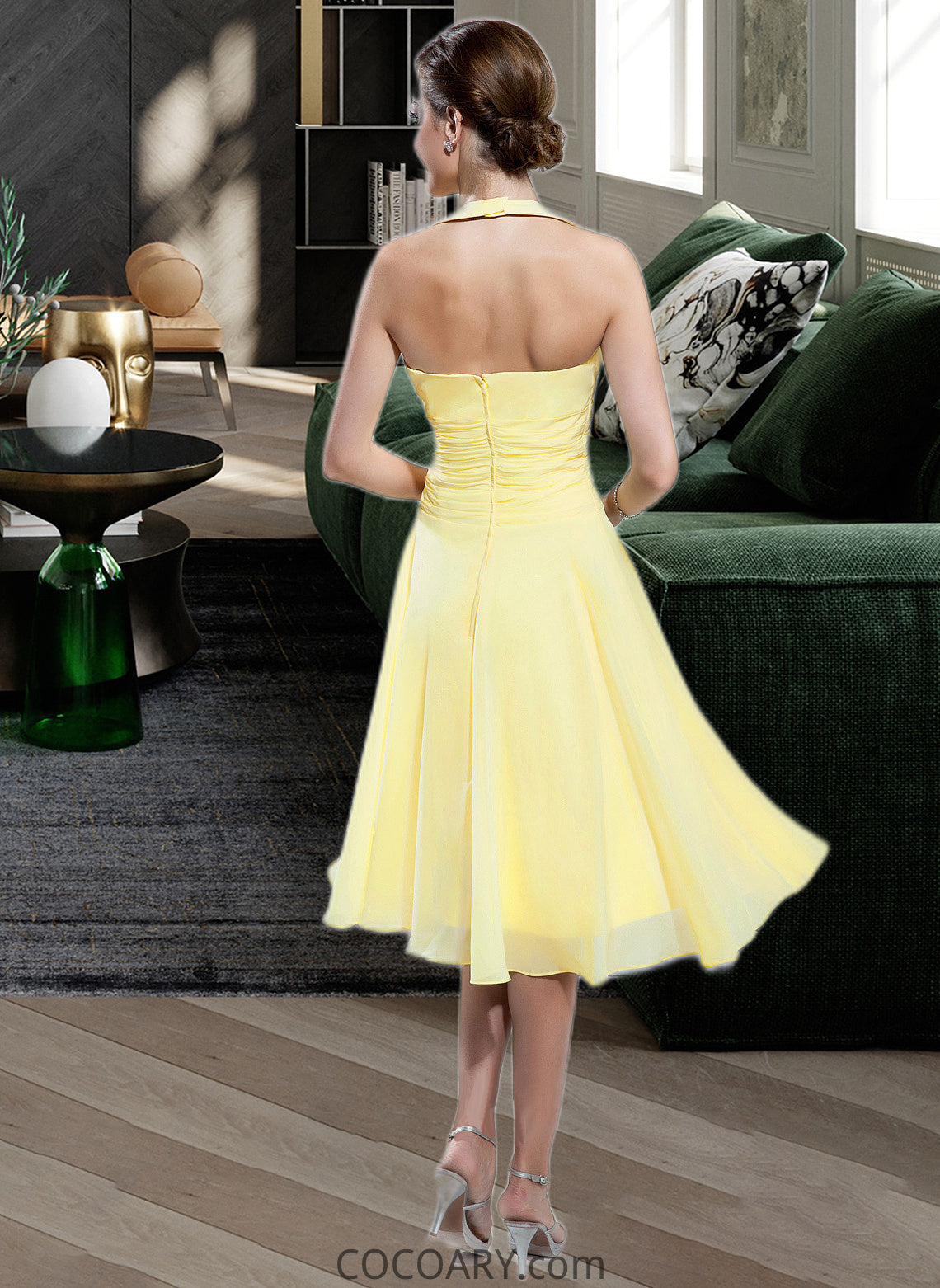 Madelyn Halter Empire Knee-length Chiffon Bridesmaid Dress With Ruffle Bow(s) DA8P0013124