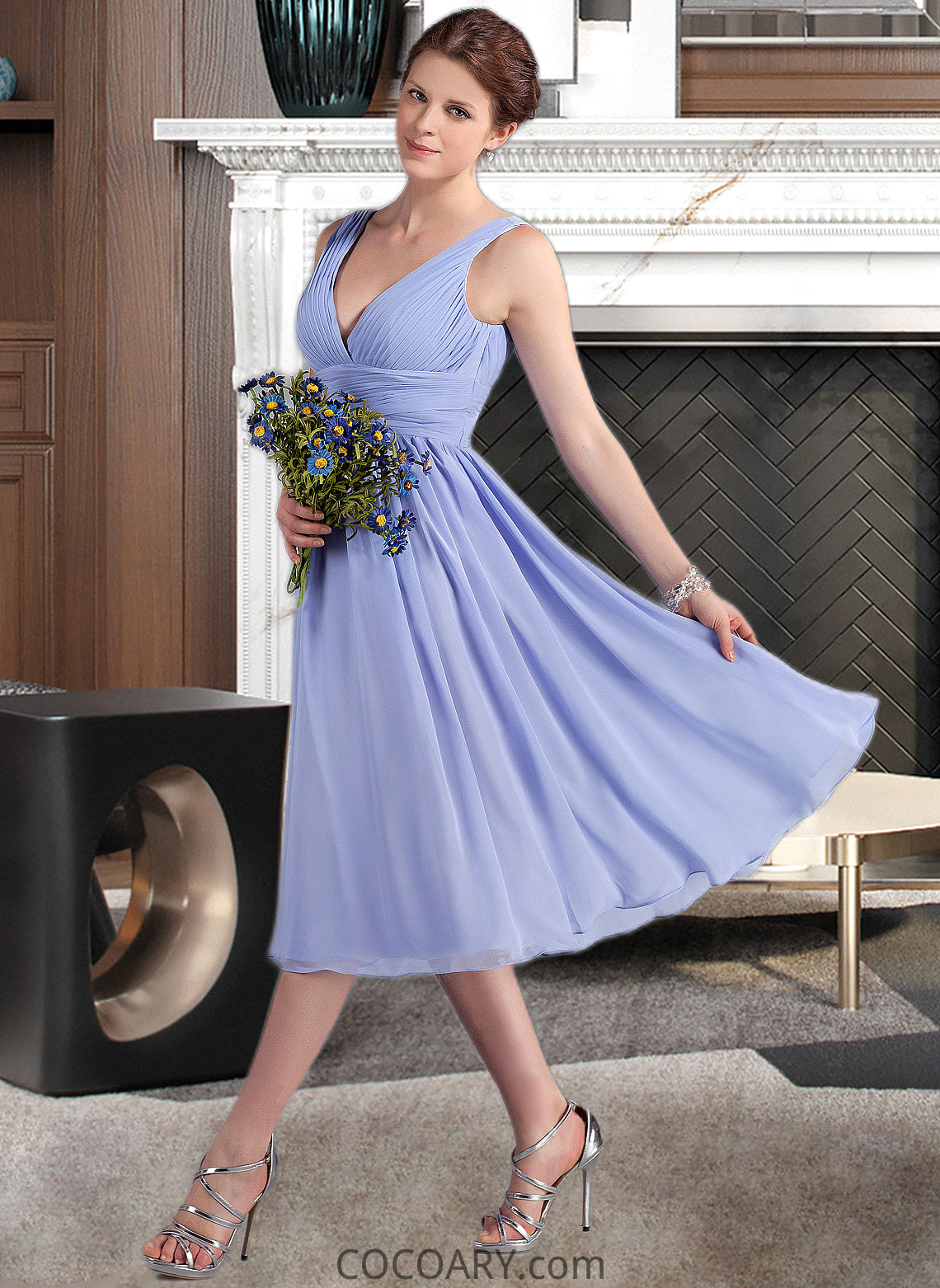 Zaria A-Line V-neck Tea-Length Chiffon Bridesmaid Dress With Ruffle DA8P0013125