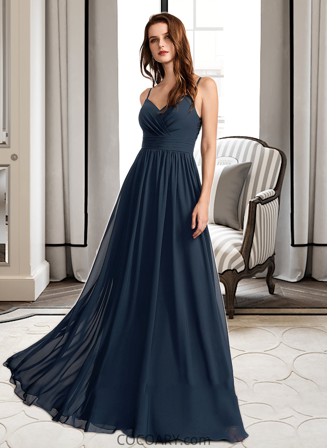 Ellie A-Line V-neck Floor-Length Bridesmaid Dress With Lace DA8P0013127