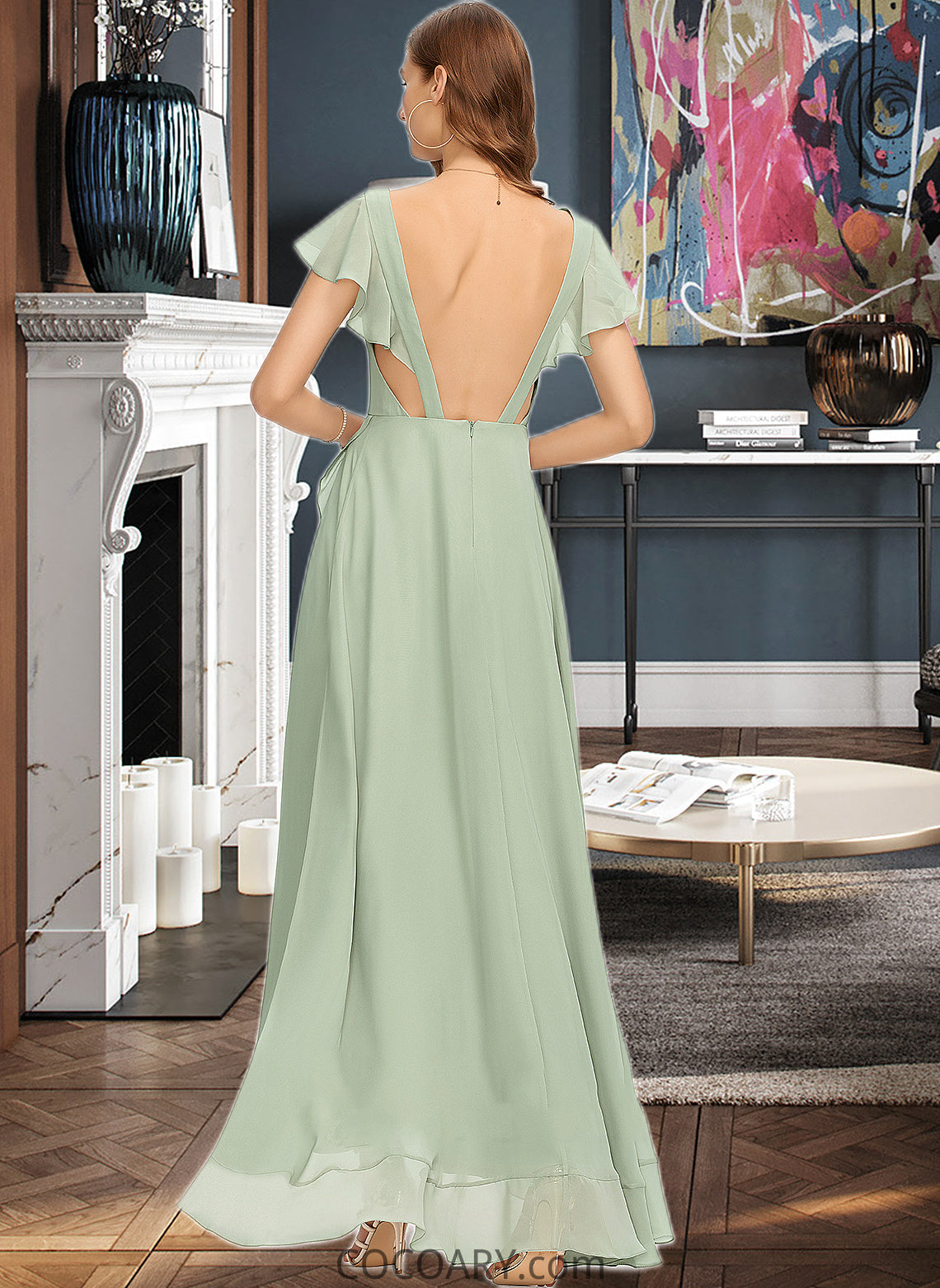 Georgia A-Line V-neck Asymmetrical Chiffon Bridesmaid Dress With Cascading Ruffles DA8P0013130