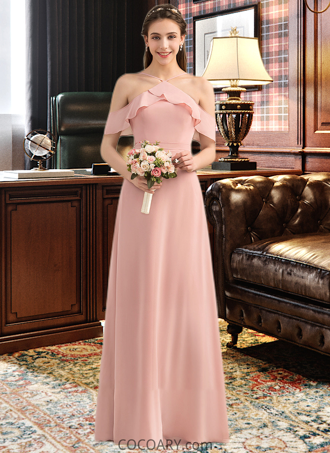 Angelina A-Line V-neck Floor-Length Chiffon Bridesmaid Dress With Bow(s) Cascading Ruffles DA8P0013134