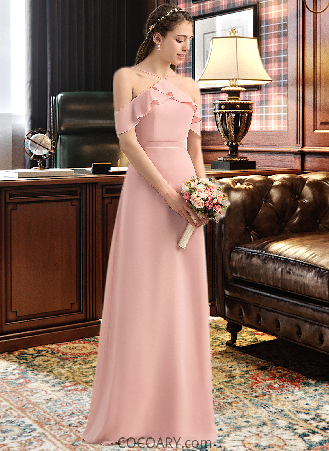 Angelina A-Line V-neck Floor-Length Chiffon Bridesmaid Dress With Bow(s) Cascading Ruffles DA8P0013134