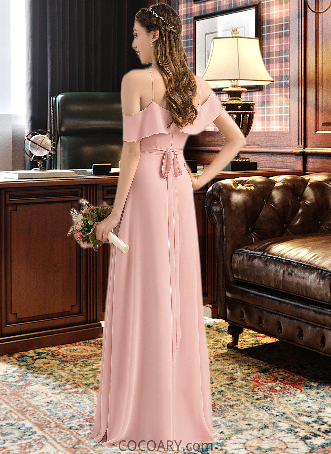 Angelina A-Line V-neck Floor-Length Chiffon Bridesmaid Dress With Bow(s) Cascading Ruffles DA8P0013134