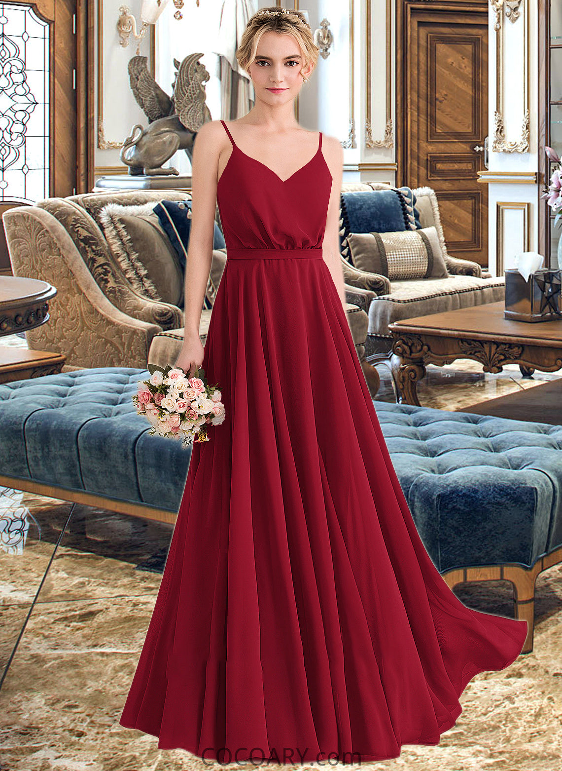 Susan A-Line V-neck Floor-Length Chiffon Bridesmaid Dress With Bow(s) DA8P0013135