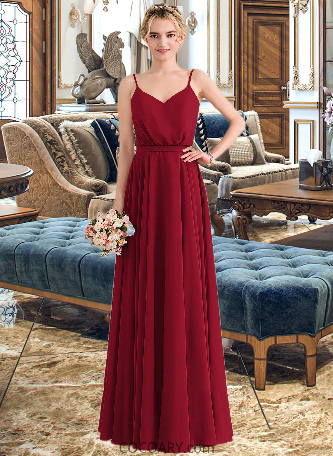 Susan A-Line V-neck Floor-Length Chiffon Bridesmaid Dress With Bow(s) DA8P0013135