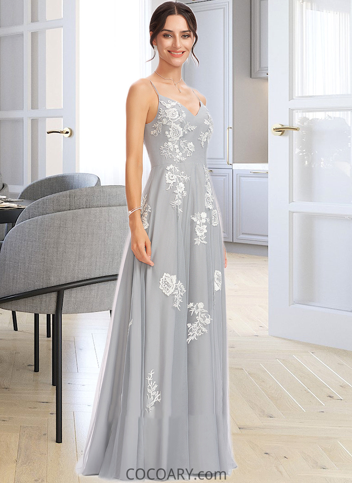 Katrina A-Line V-neck Floor-Length Bridesmaid Dress With Lace DA8P0013140