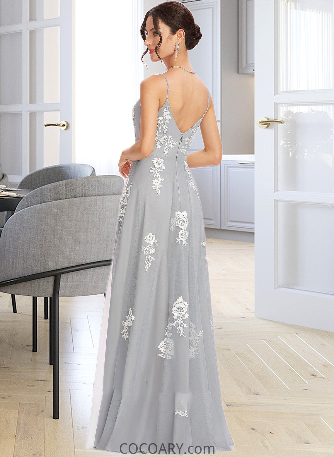 Katrina A-Line V-neck Floor-Length Bridesmaid Dress With Lace DA8P0013140