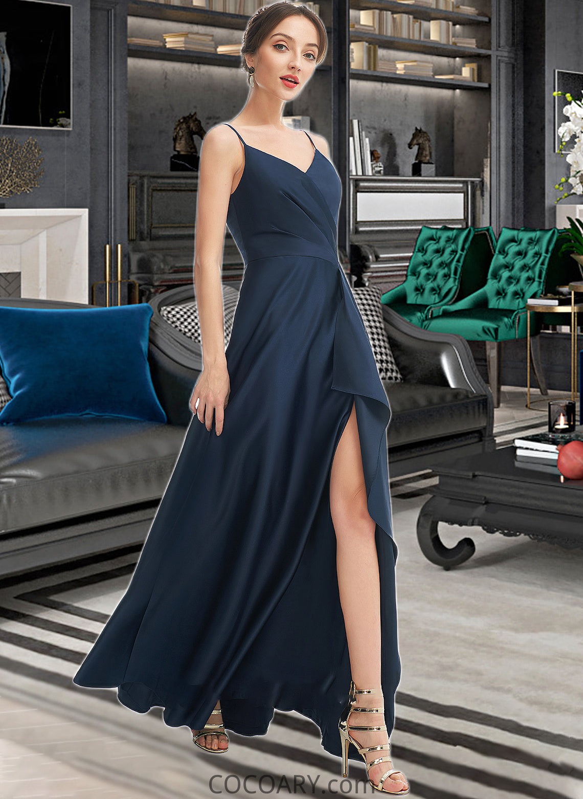 Everleigh A-Line V-neck Floor-Length Bridesmaid Dress With Split Front Pockets DA8P0013142