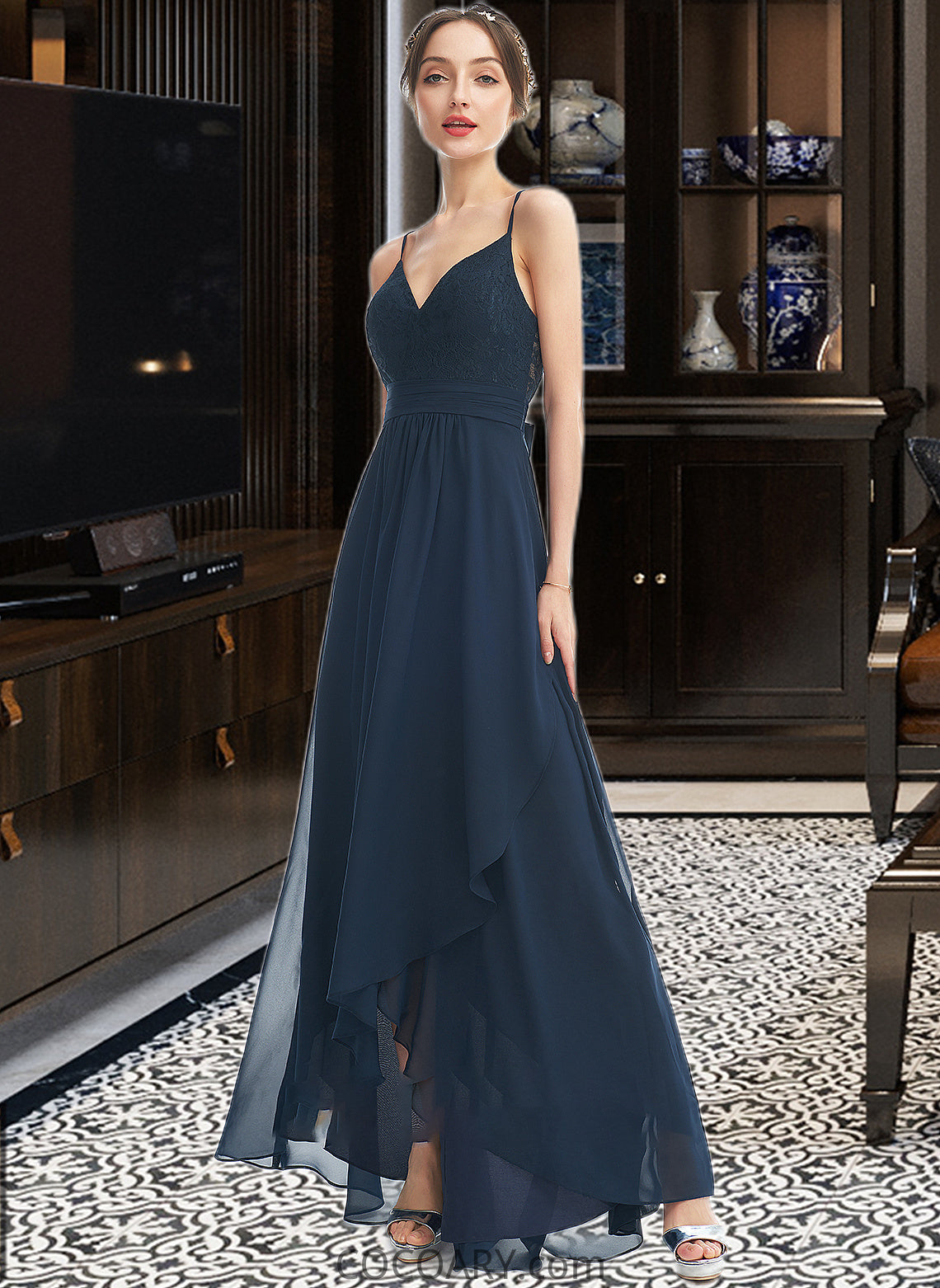 Alice A-Line V-neck Asymmetrical Bridesmaid Dress With Lace Bow(s) DA8P0013143