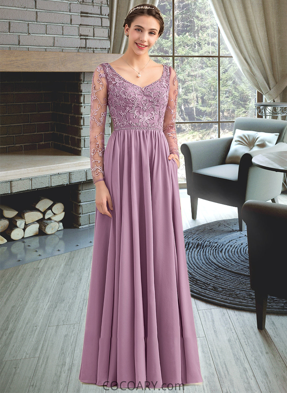 Hilda A-Line V-neck Floor-Length Chiffon Lace Bridesmaid Dress With Beading Pockets DA8P0013147