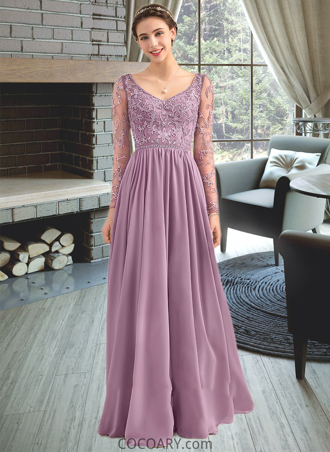 Hilda A-Line V-neck Floor-Length Chiffon Lace Bridesmaid Dress With Beading Pockets DA8P0013147