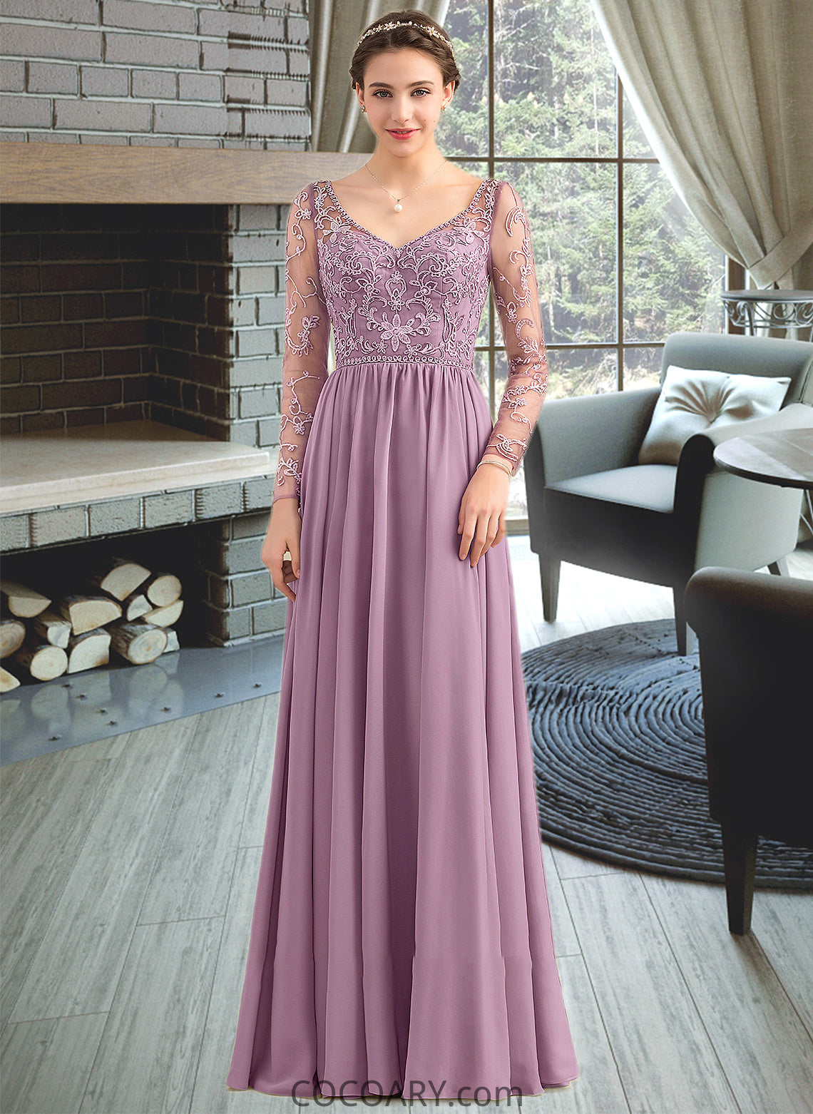 Hilda A-Line V-neck Floor-Length Chiffon Lace Bridesmaid Dress With Beading Pockets DA8P0013147