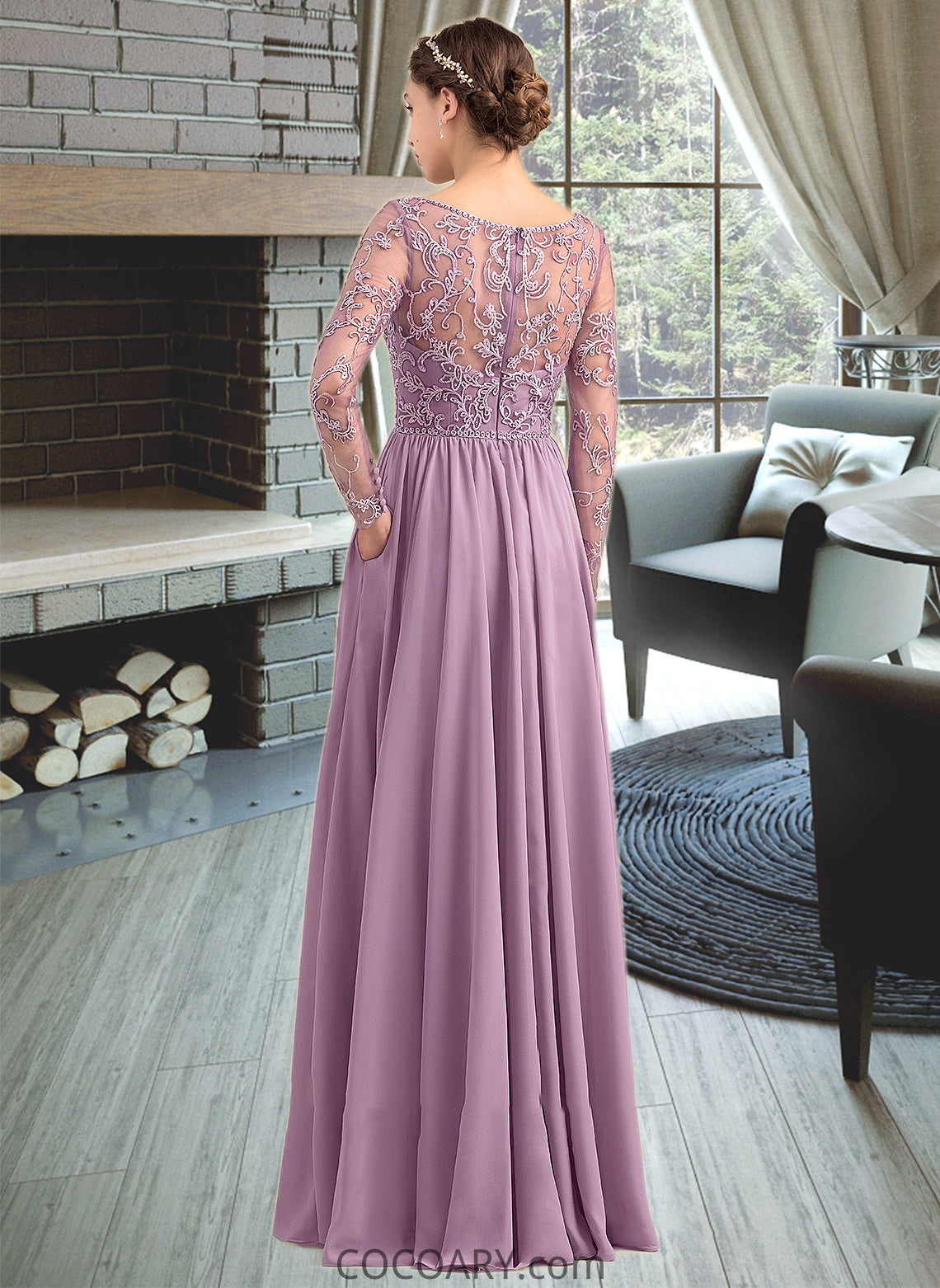 Hilda A-Line V-neck Floor-Length Chiffon Lace Bridesmaid Dress With Beading Pockets DA8P0013147