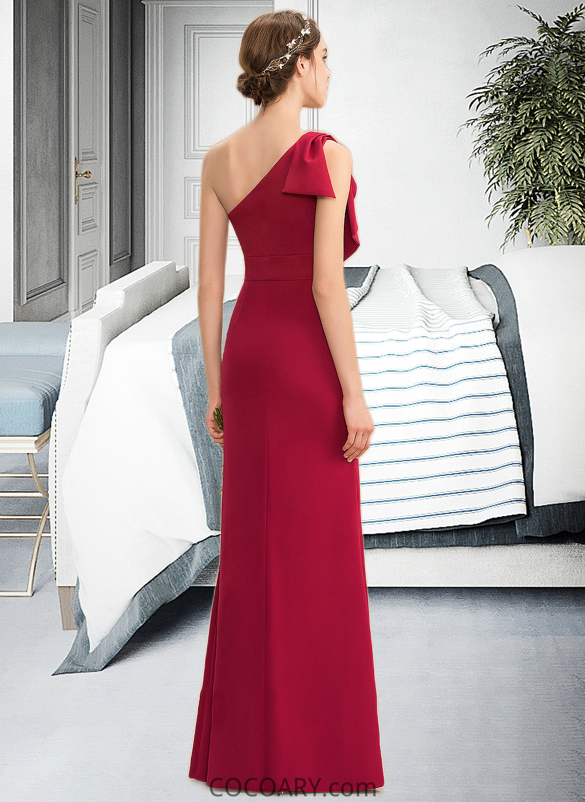 Setlla Sheath/Column One-Shoulder Floor-Length Stretch Crepe Bridesmaid Dress With Split Front DA8P0013153