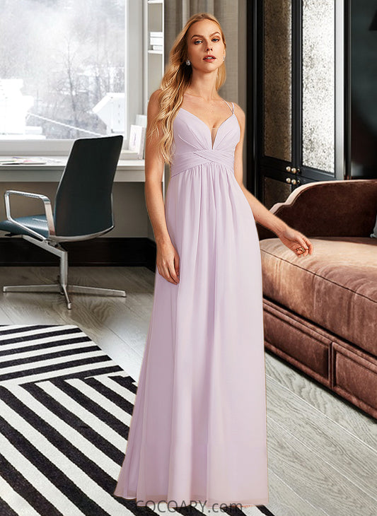 Nadia A-Line V-neck Floor-Length Bridesmaid Dress With Ruffle DA8P0013154