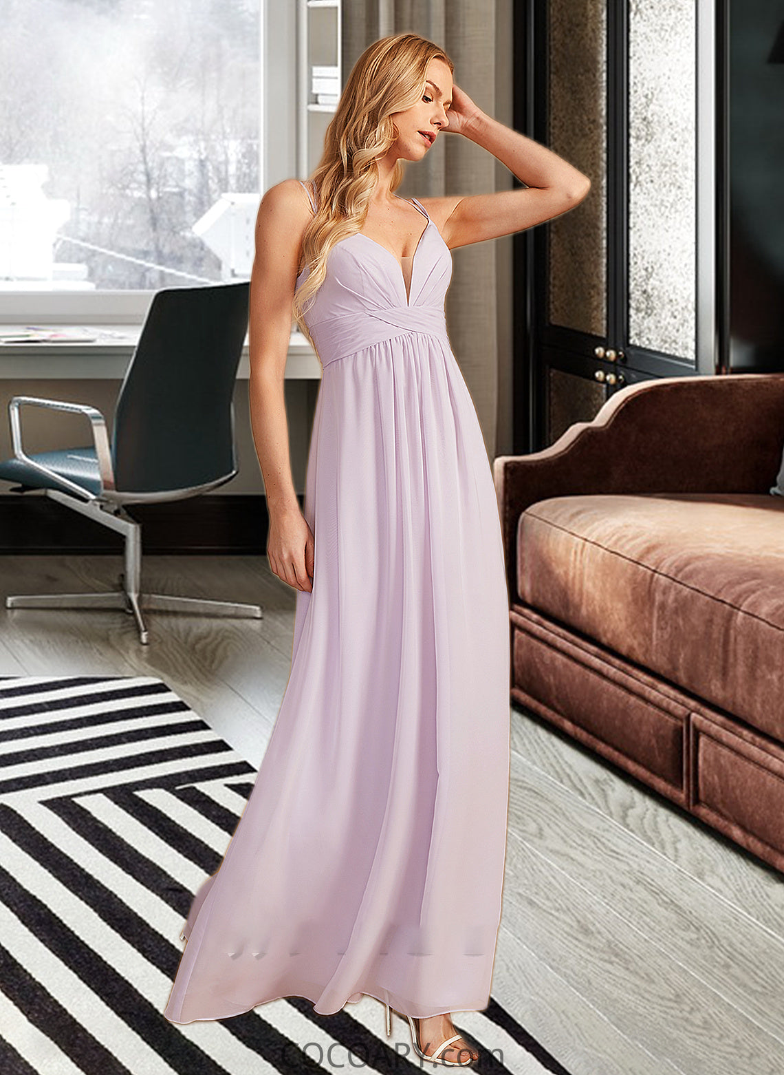 Nadia A-Line V-neck Floor-Length Bridesmaid Dress With Ruffle DA8P0013154