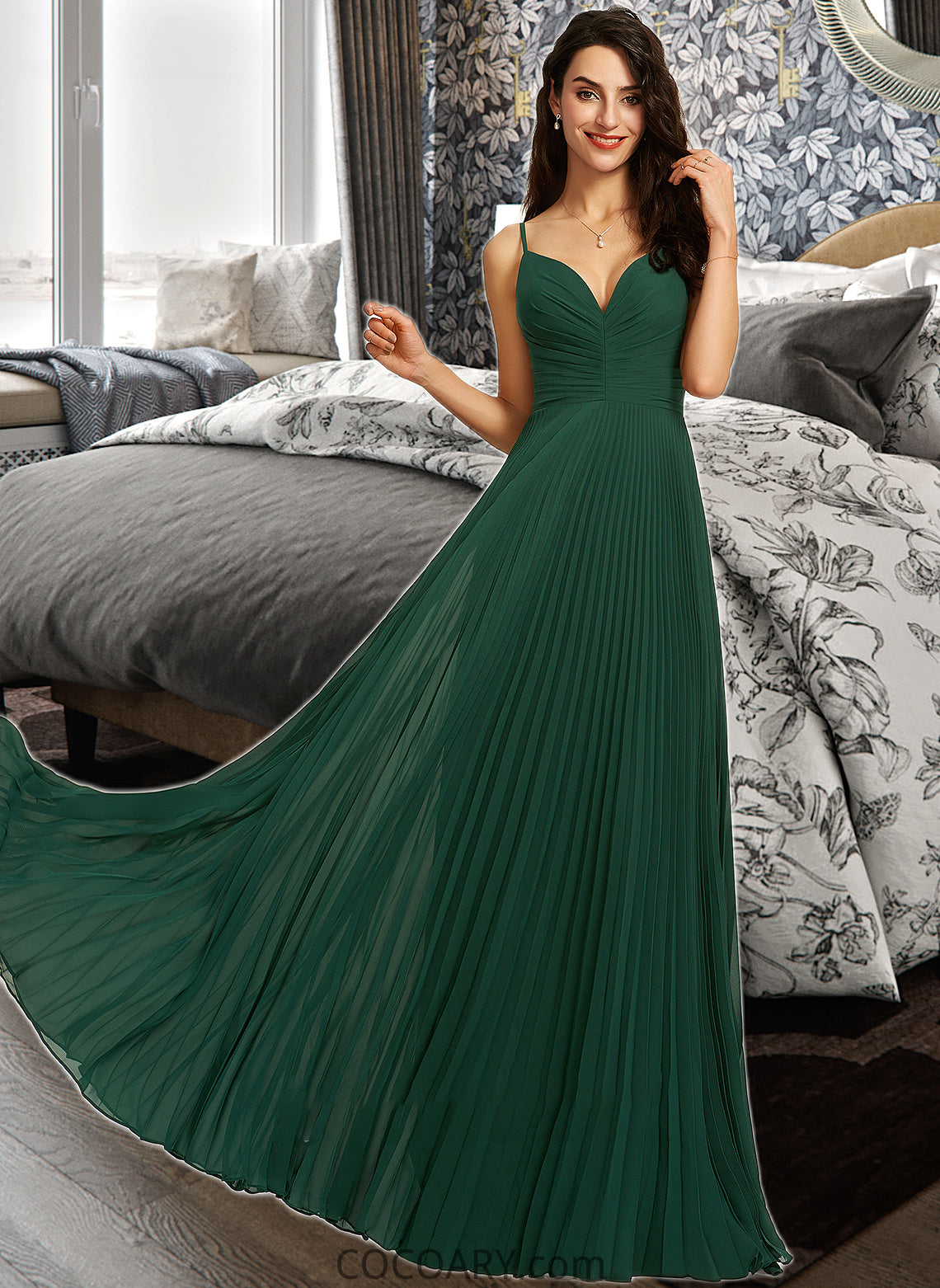 Clarissa A-Line V-neck Floor-Length Bridesmaid Dress With Pleated DA8P0013159