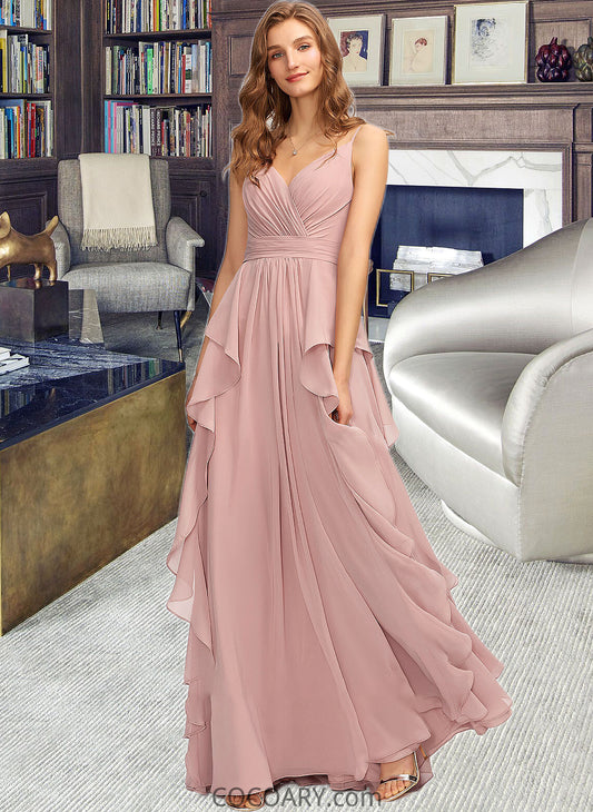 Kamryn A-Line V-neck Floor-Length Chiffon Bridesmaid Dress With Ruffle Cascading Ruffles DA8P0013161